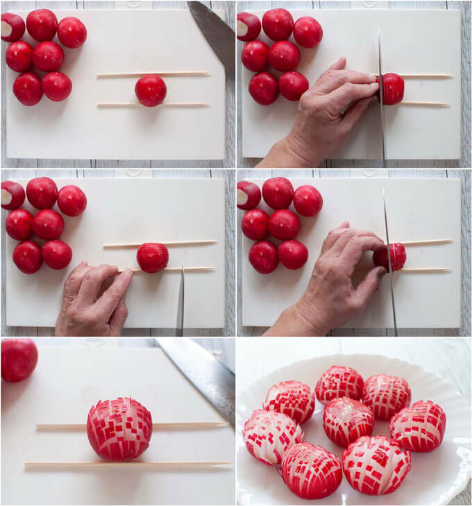 Step-by-step photo of criss-crossing a radish to make a chrysanthemum flower.