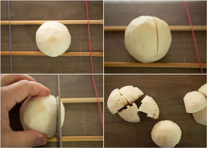 Step-by-step photo of criss-crossing a turnip to make a chrysanthemum flower.