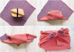 showing how to wrap a bento box with Furoshiki (Traditional Japanese wrapping cloth).