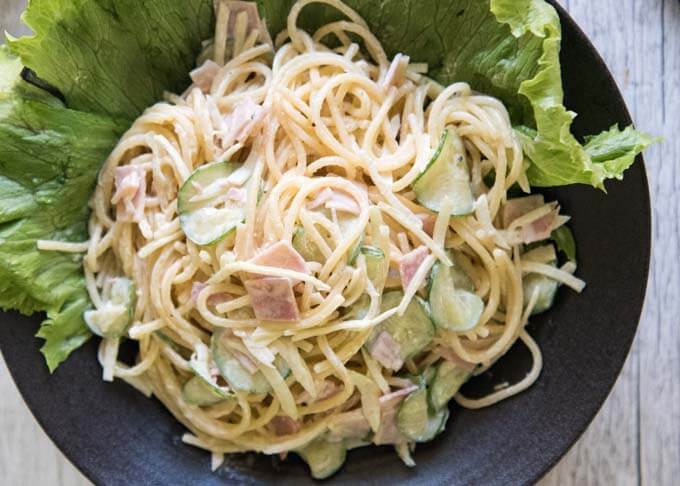 Top-down photo of Japanese Pasta Salad on a plate.