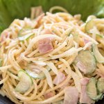 Hero shot of Japanese Pasta Salad (Spaghetti Salad) on a plate.