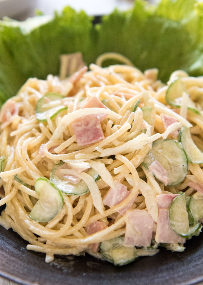 Hero shot of Japanese Pasta Salad (Spaghetti Salad) on a plate.