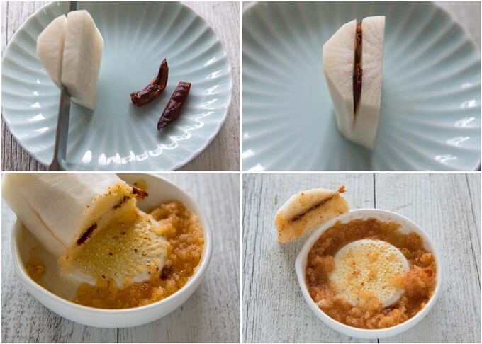 Step-by-step photo of making Momiji Oroshi (grated daikon with chillies).