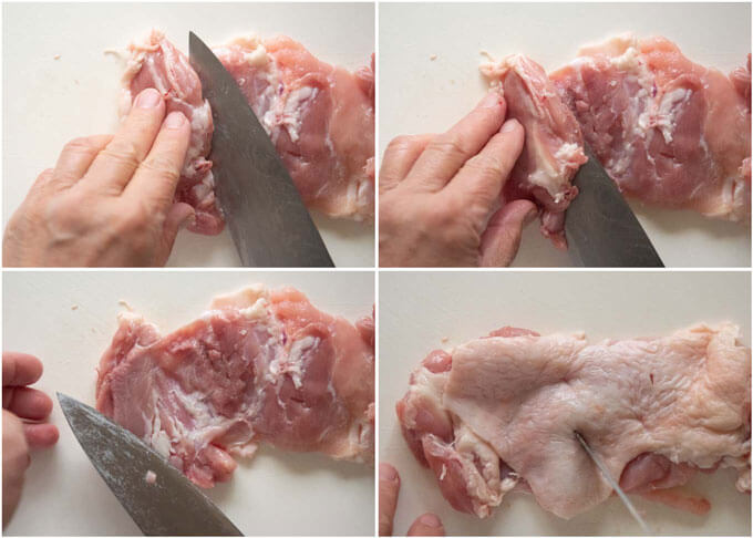 Step-by-step photo of how to prepare a chicken thigh fillet for Teriyaki chicken.