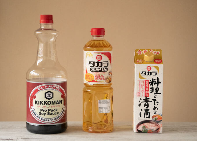Bottle of soy sauce, mirin and sake.