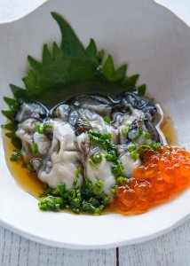 Serving Oysters with Tosazu Dressing in a bowl without shells.