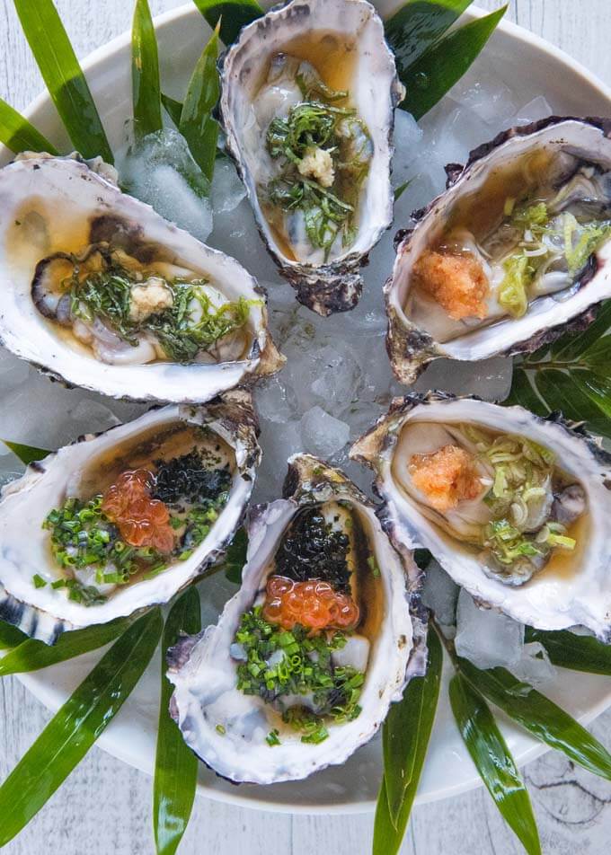 Hero shot of 6 Oysters with Tosazu Dressing 3 Ways.
