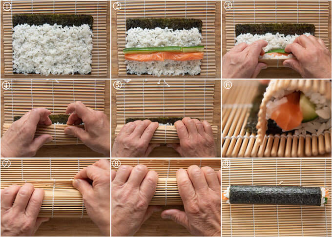 Step-by-step photo of how to roll a sushi roll.