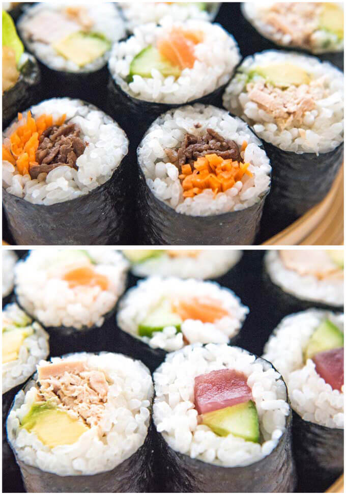 Zoomed in photos of sushi rolls - teriyaki beef & carrot, canned tuna & avocado, raw tuna & cucumber..