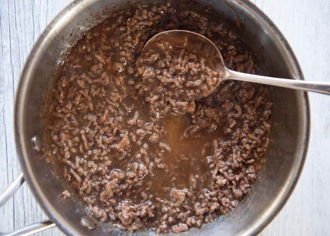 Beef mince sauce - sobero-an, on a frying pan.