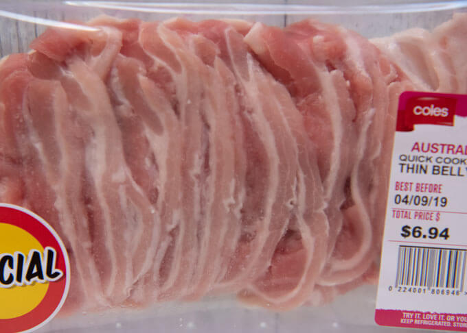 A pack of thinly sliced pork belly bought at Coles supermarket.
