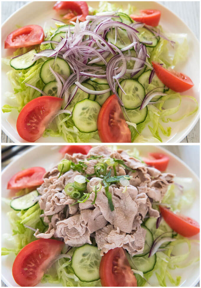 Salad on a plate before & after placing pork slices.