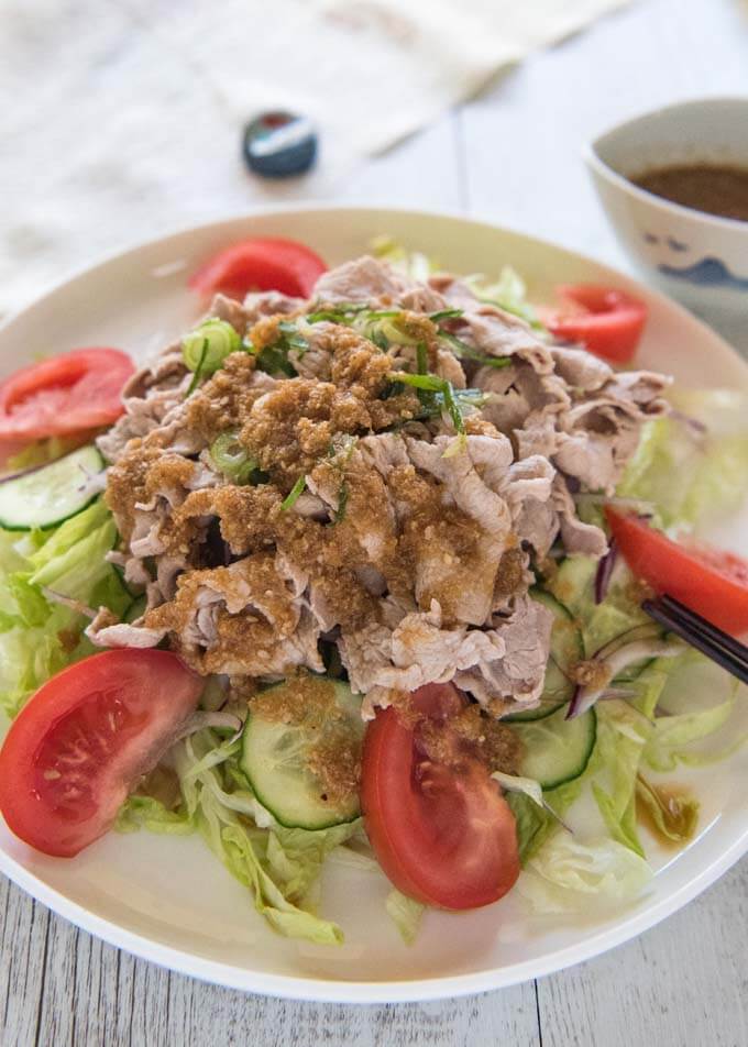 Pork Shabu-shabu Salad poured with Sesame Soy Dressing.