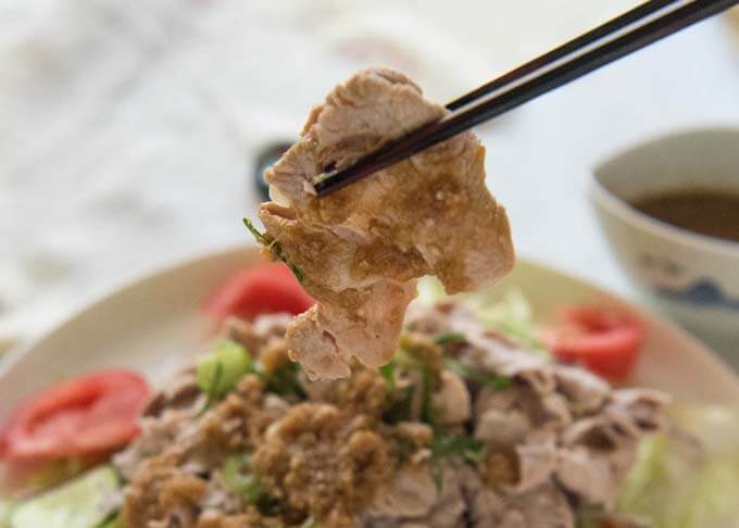 Zoomed-in photo of a piece of shabby-shabu pork with sesame dressing on it.