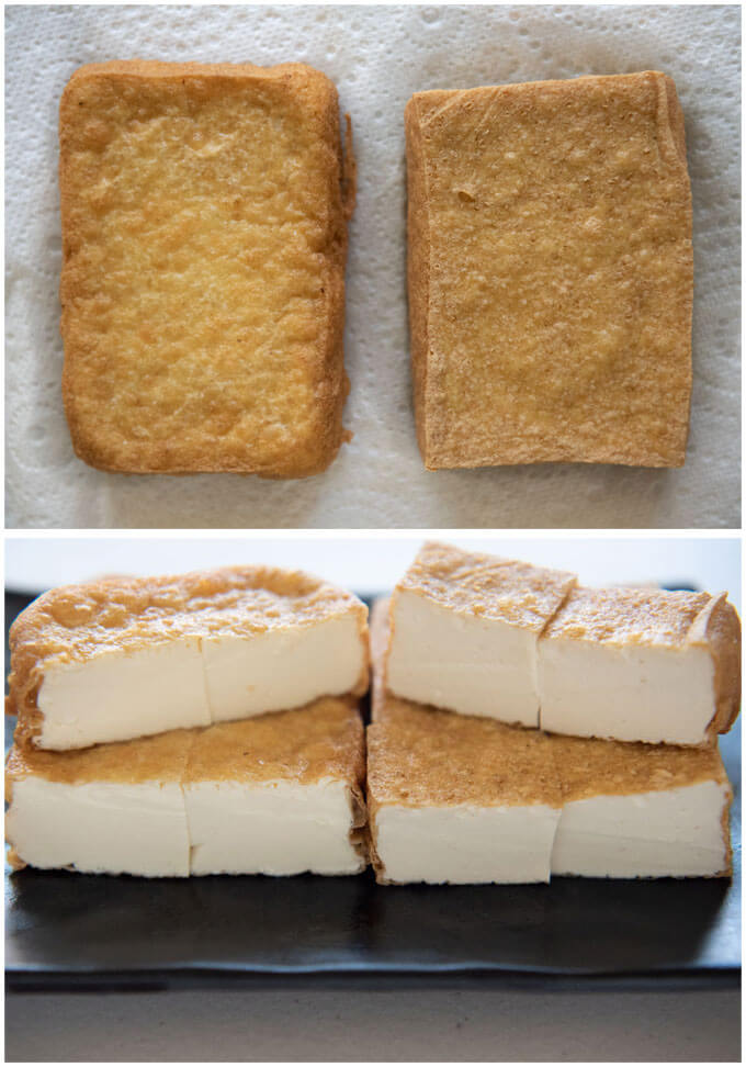 Home-made Atsuage comparison between silken tofu and women tofu.
