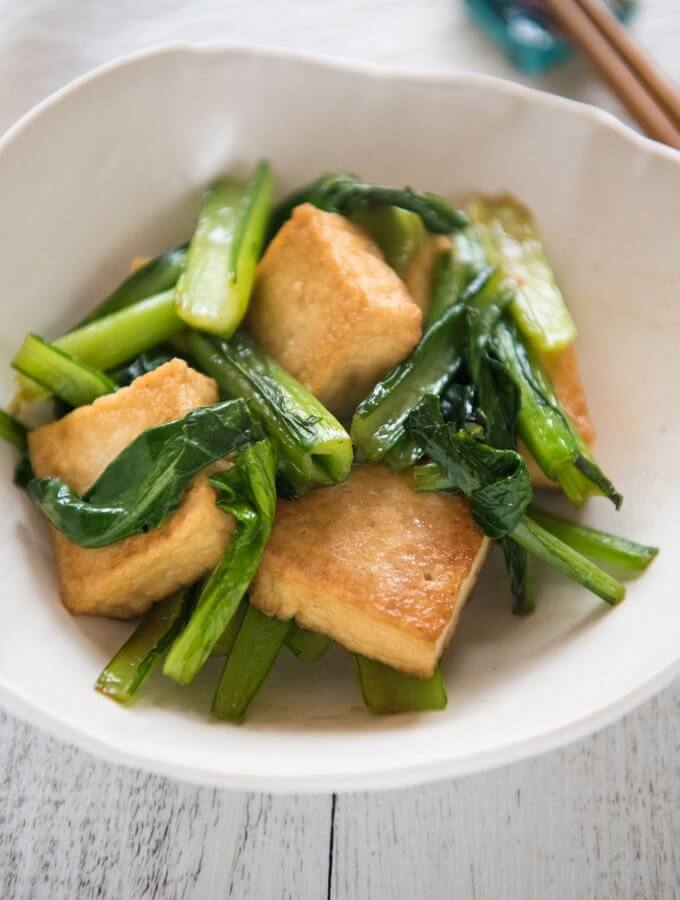 Hero shot of Stir-fried Choy Sum with Deep Fried thick Tofu.