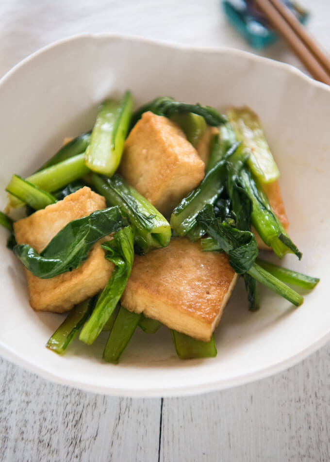 Hero shot of Stir-fried Choy Sum with Deep Fried thick Tofu.