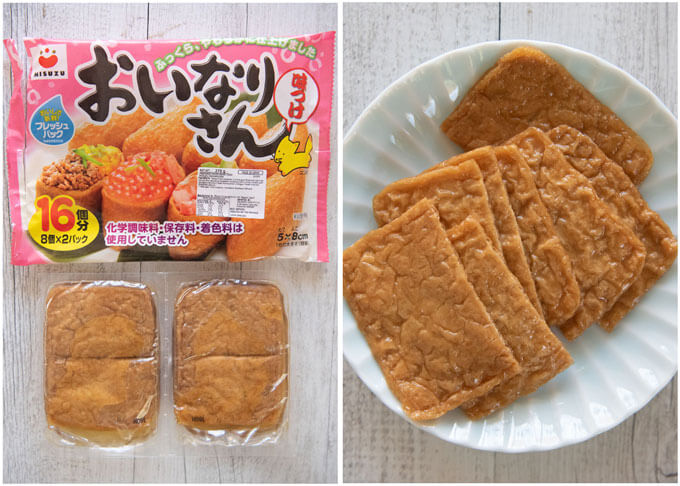 Store-bought seasoned inarizushi pouches in a pack.