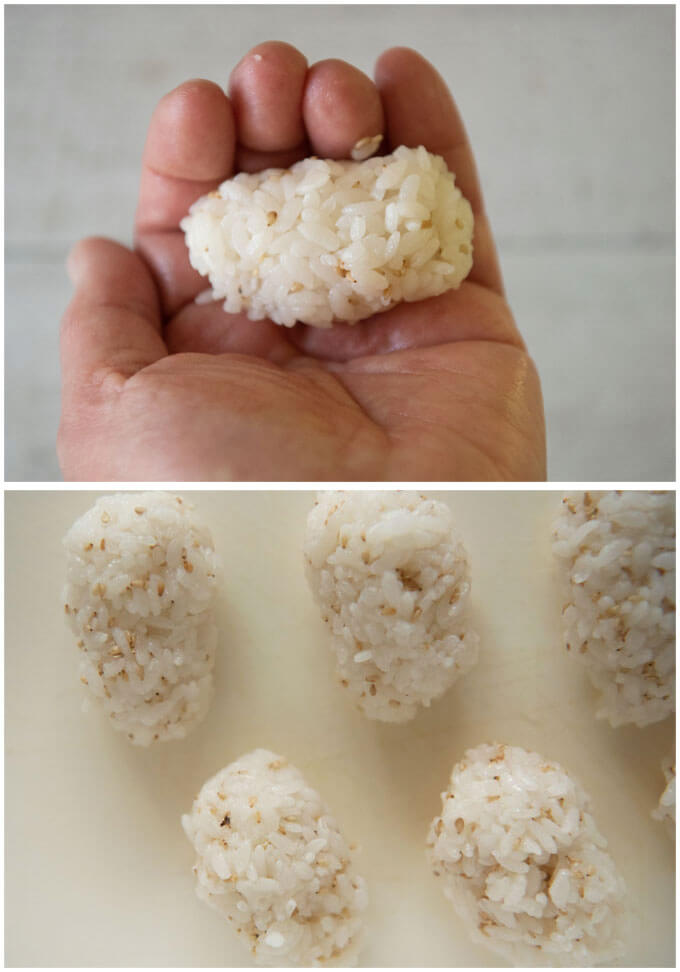 Making oval rice balls to fill inariage with.