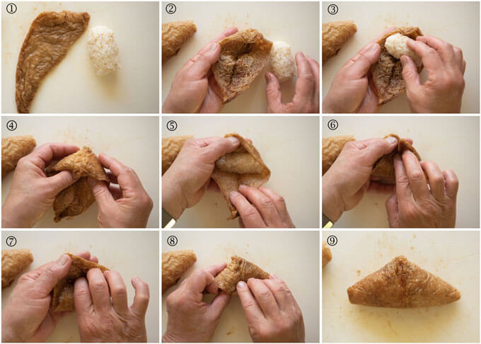 Step-by-step photos of how to make a triangle Home-made Inari Sushi.