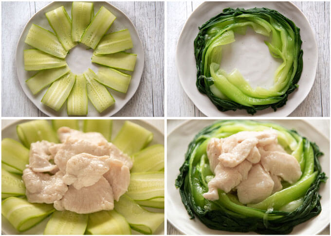 Two examples of serving Chrystal Chicken - one with cucumber ribbons, one with bak choy.