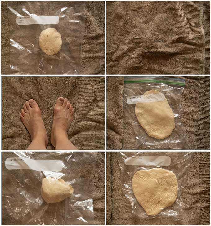 Step-by-step photo of kneading the udon dough with feet.