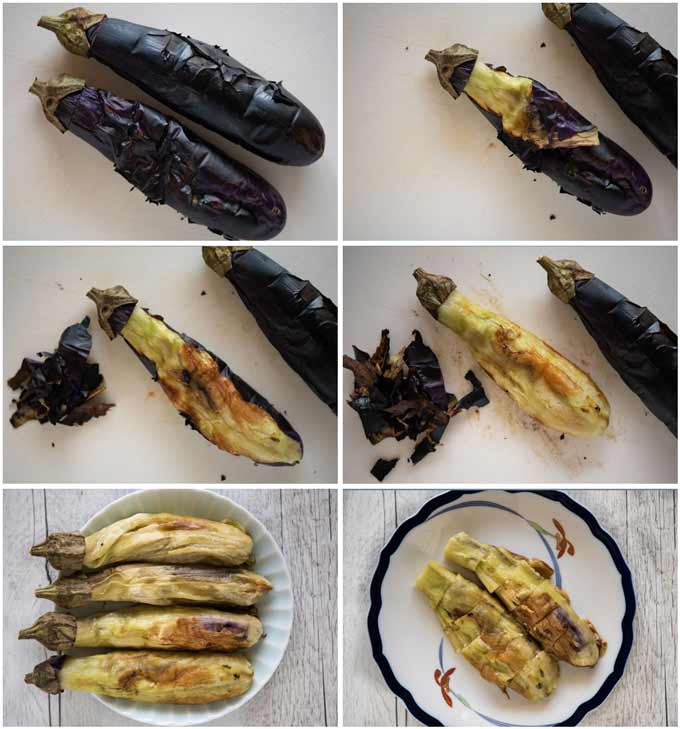 Stp-by-step photos of how to peel skins off grilled eggplants.