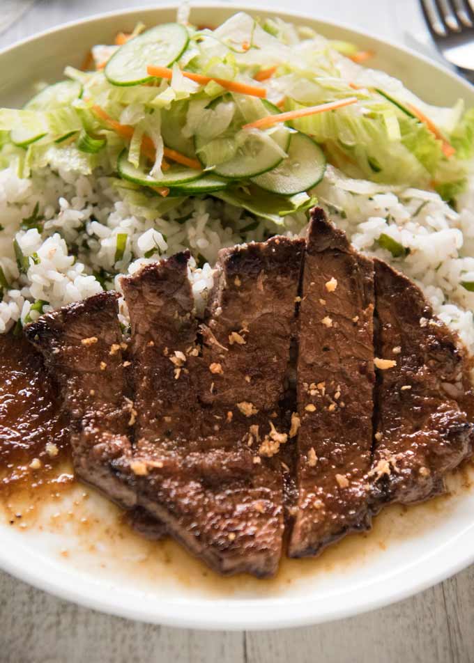 Hero shot of Steak with Japanese Garlic Steak Sauce.