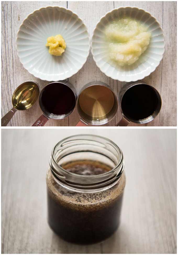 Japanese Garlic Steak Sauce - ingredients and the sauce in a jar.