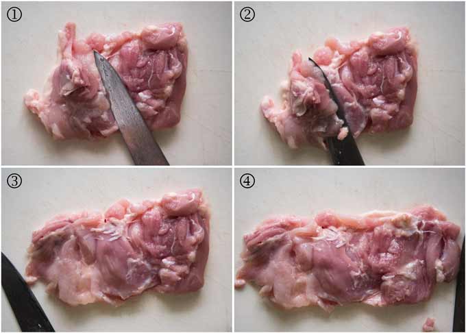 Step-by-step photo of how to butterfly chicken thigh fillet.