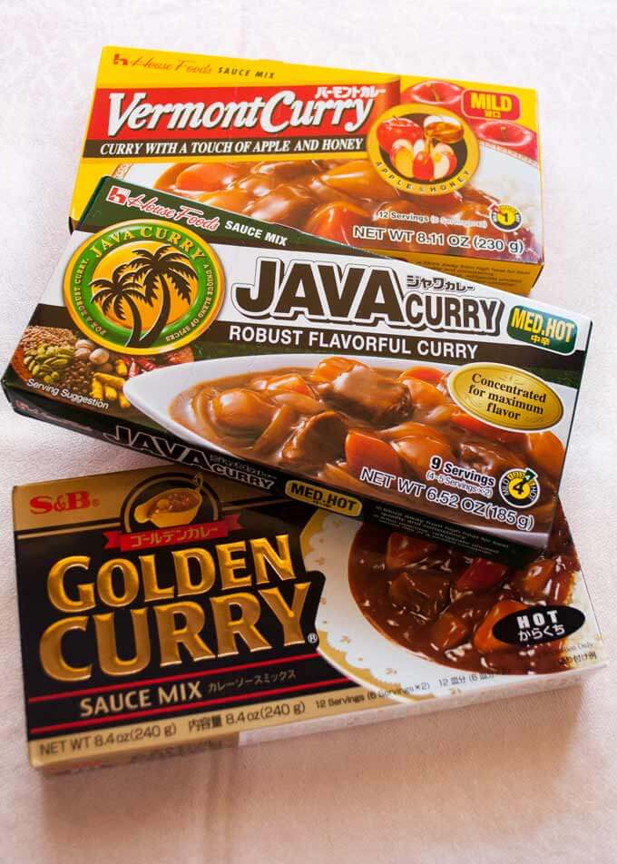 Three different packets of Japanese Curry Roux.