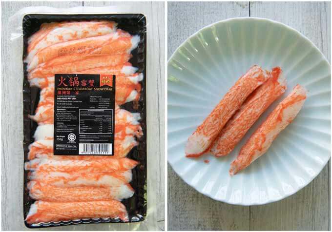 Showing a pack of Kanikama - imitation crab meat sticks that are made of fish cake and few crab sticks.