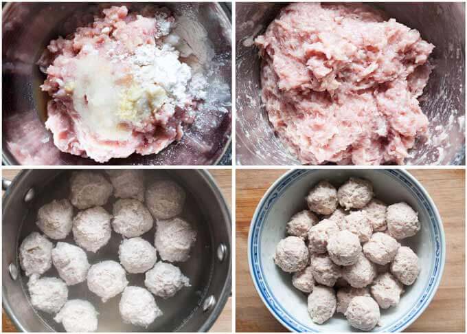 Step-by-step photo of making tsukune mixture and boiling meatballs.