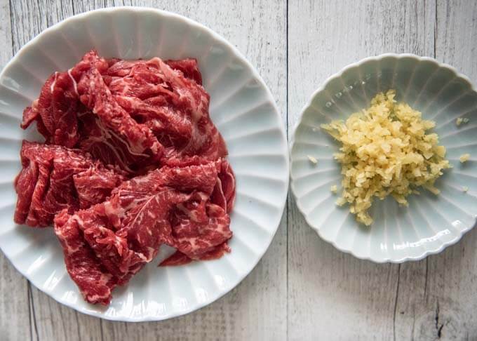 Ingredients of Japanese Beef and Rice (Beef Takikomi Gohan).