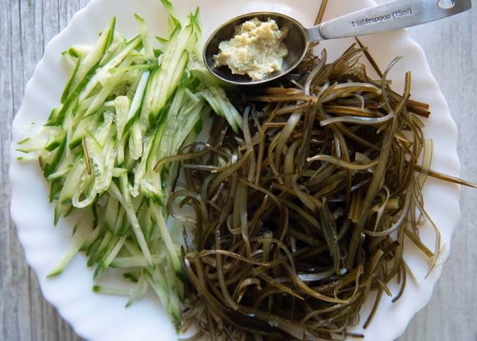 Ingredients of Konbu Seaweed and Cucumber Salad.