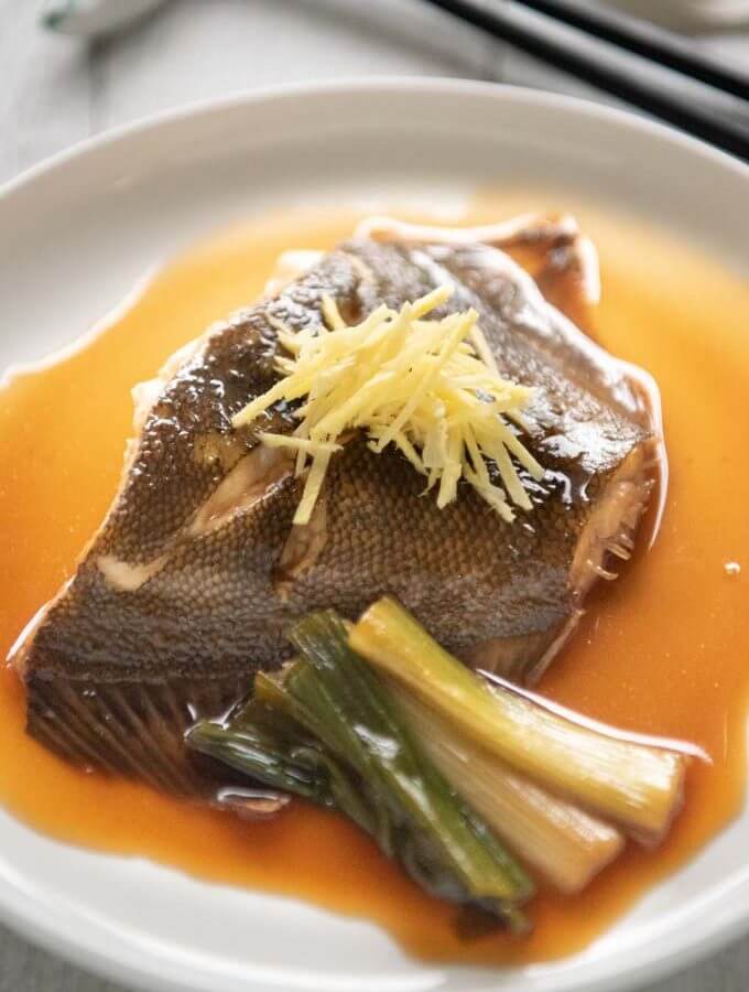 Hero shot of Simmered Flounder on a plate.