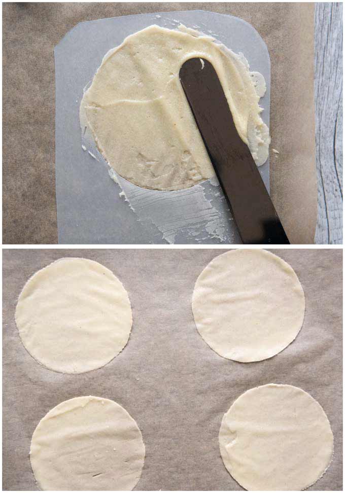 Showing how to fill the batter using a home-made stencil and make a perfect circle of the batter to be baked.