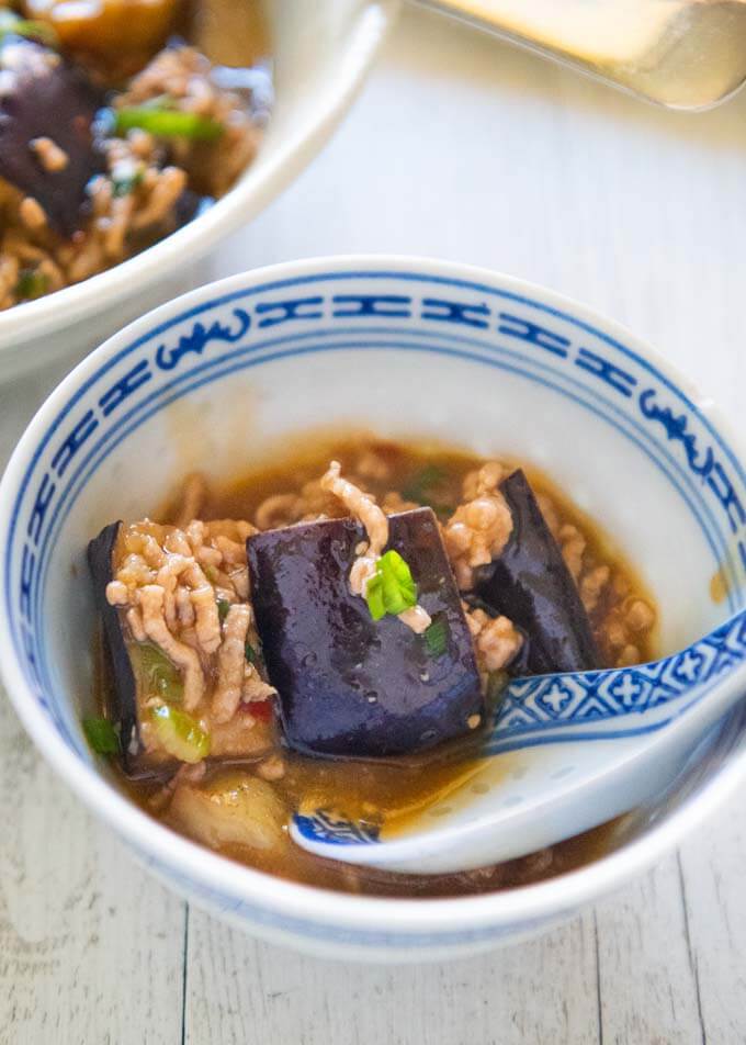 Zoomed-in photo of Eggplant with Minced Pork (Mābō Eggplant) served in a small bowl.