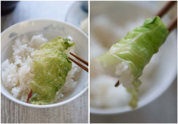Wrapping rice with a Pickled Chinese Cabbage leaf.