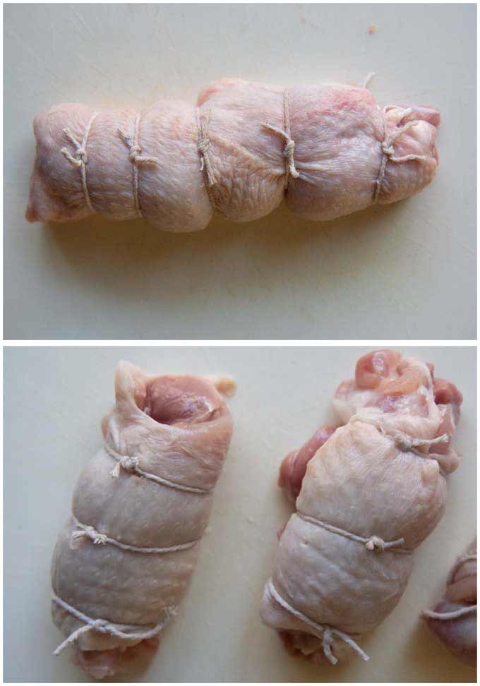 Showing how to tie rolled chicken fillets.