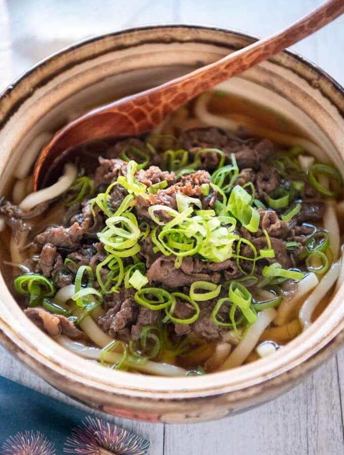 Hero shot of Beef Udon (Niku Udon) in a serving bowl.