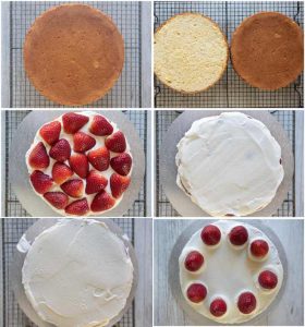 Step-by-step photo of decoration a sponge cake with cream and strawberries.
