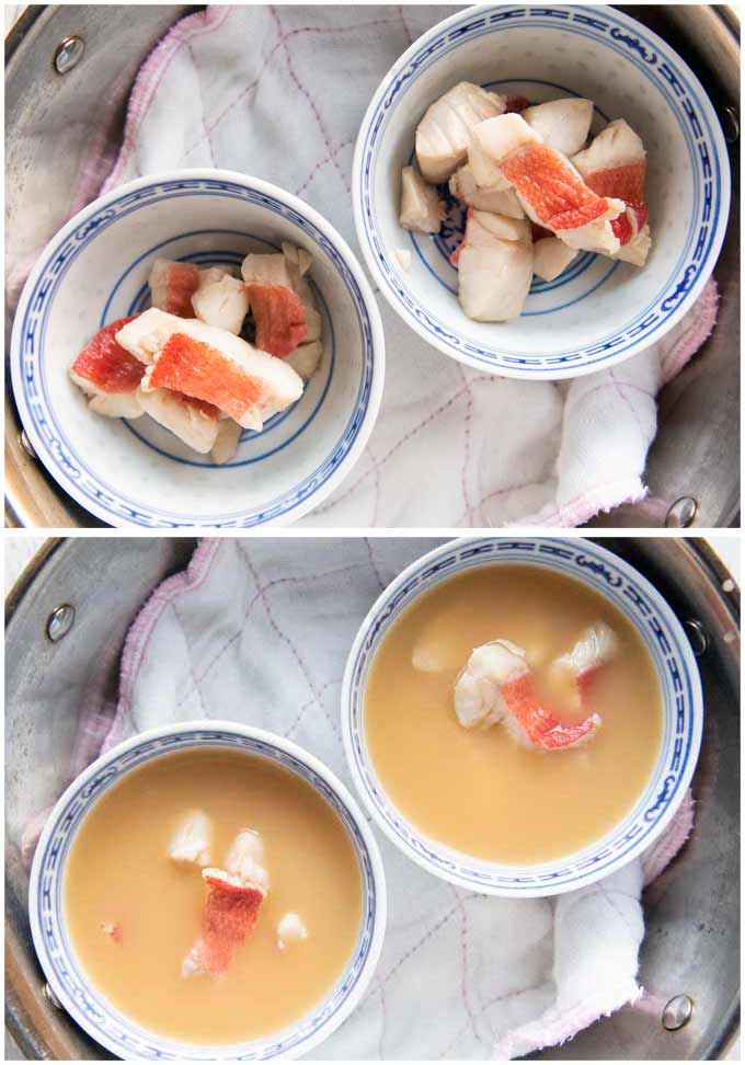 Showing how to pile up the fish pieces in a chawanmushi bowl.