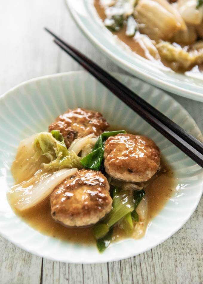 Simmered Pork Patties and Chinese Cabbage placed on a small plate.