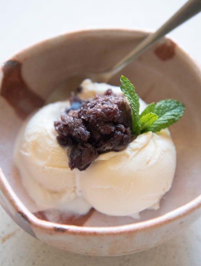 Hero shot of Sweet red Bean Paste (Anko) served with ice cream.