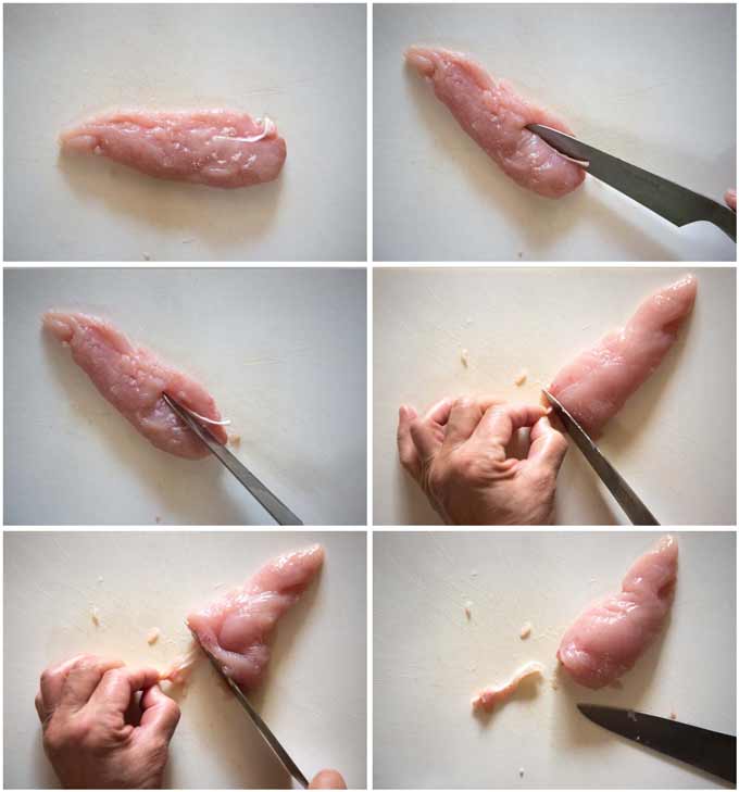 Step-by-step photo of how to remove tough tendon from the chicken tenderloin.