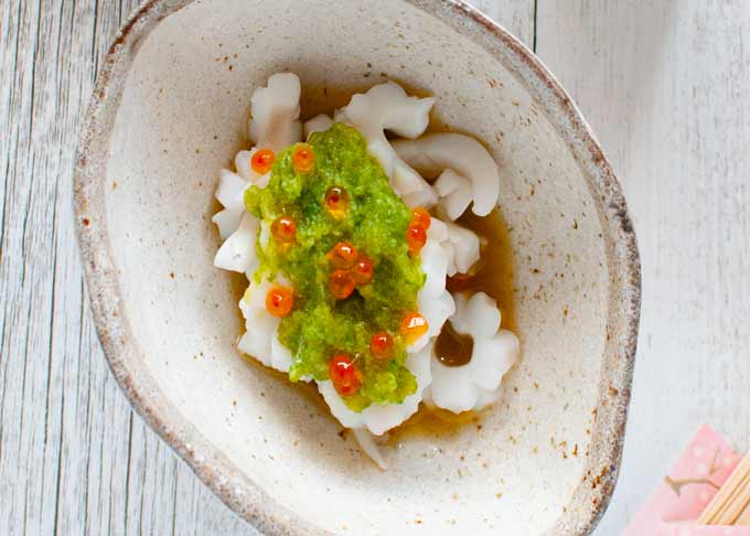 Top-down photo of Squid with Green Vinegar Dressing.
