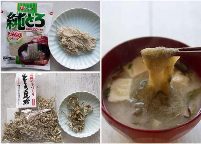 Photos of tororo konbu pack, on a plate and in miso soup.