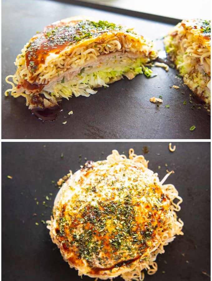 Hero shot of Hiroshina Okonomiyaki showing whle okonommiyaki from top and the okonomiyaki cut in half.