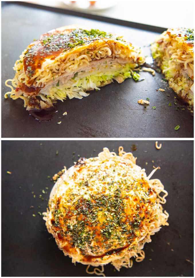 Hero shot of Hiroshina Okonomiyaki showing whle okonommiyaki from top and the okonomiyaki cut in half.